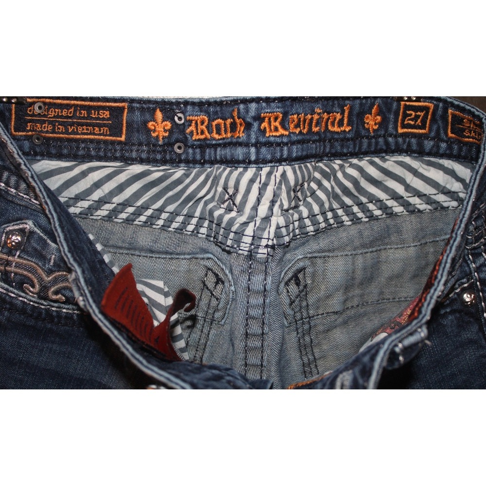 Rock Revival Sharon Skinny Jeans Dark Wash Distressed Fleur-De-Lis Blue Size 27 - Picture 3 of 5